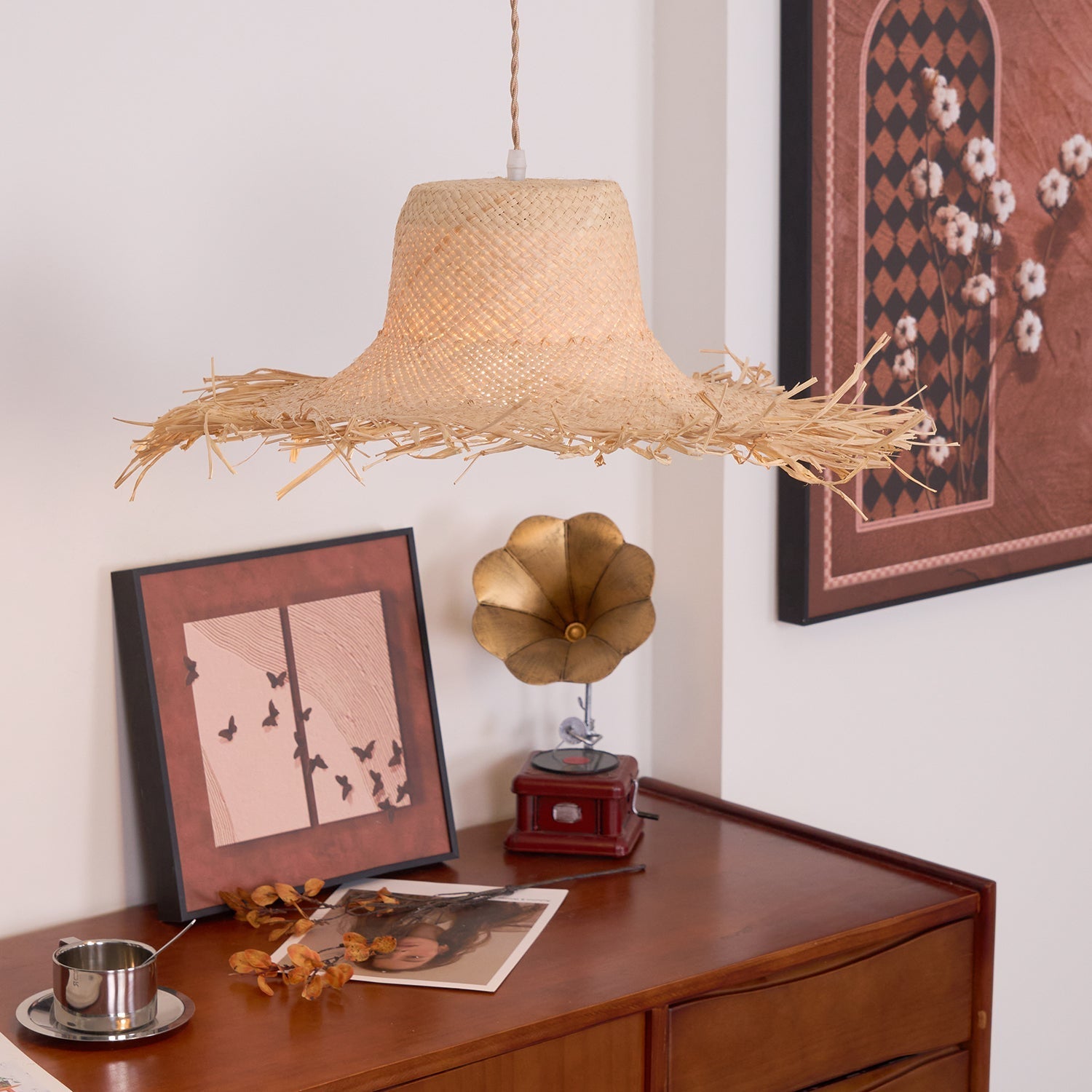 Rattan Straw Hat Pendant Light